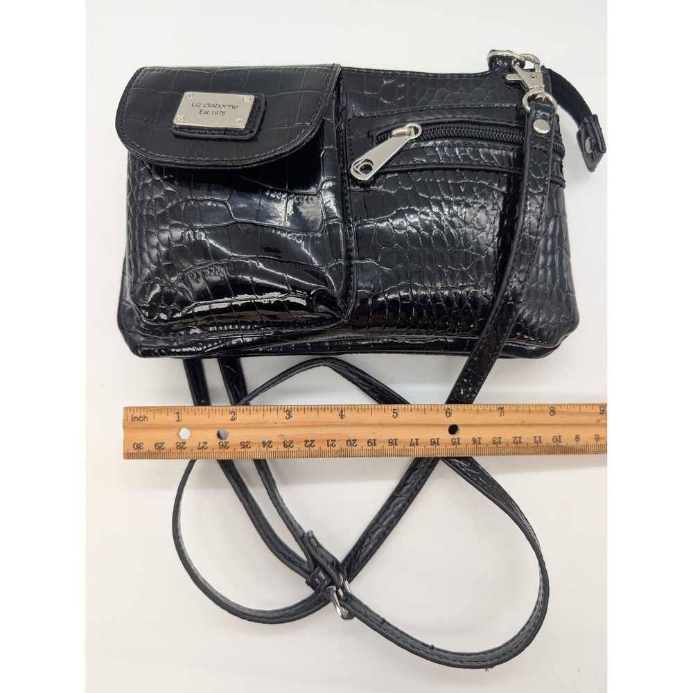 Liz Claiborne Black Faux Croc Embossed Patent Leather Crossbody Organizer Bag